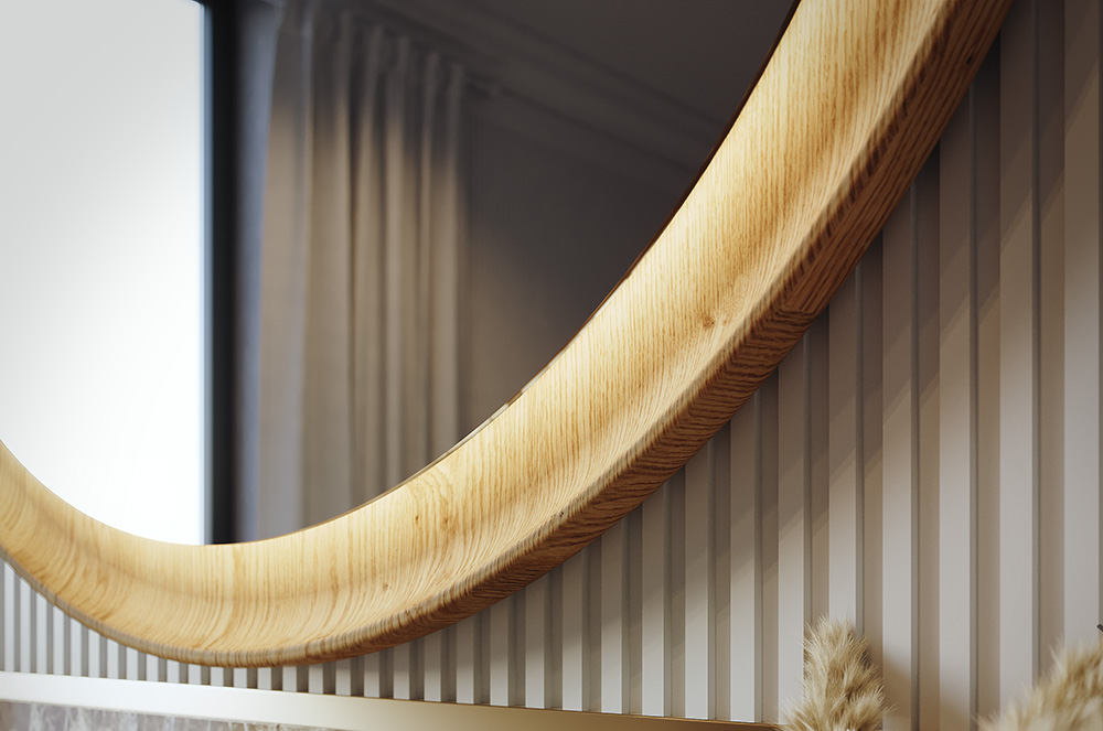 Speil med ramme i solid eiketre med LED-lys