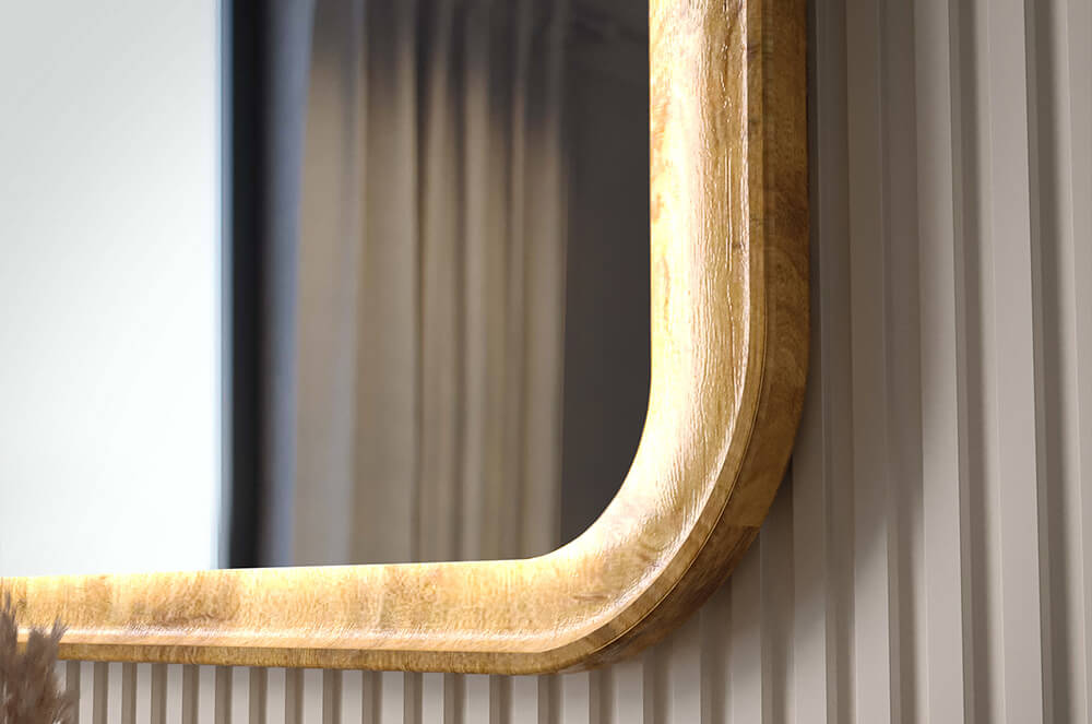 Speil med ramme i solid eiketre med LED-lys