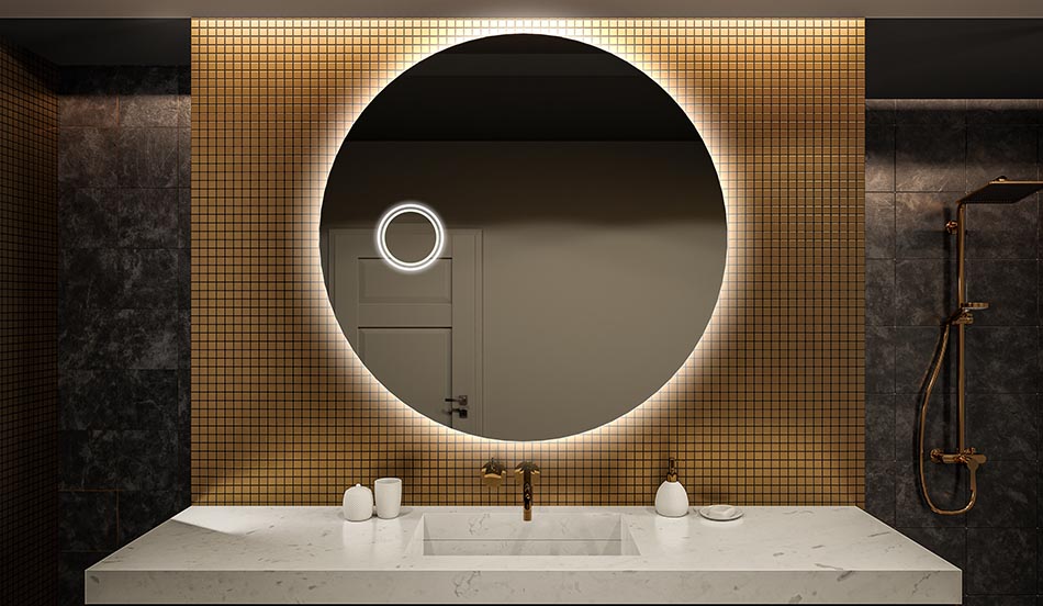 Rundt LED-speil med ambient belysning og bakgrunnsbelysning for baderommet | ARTFORMA