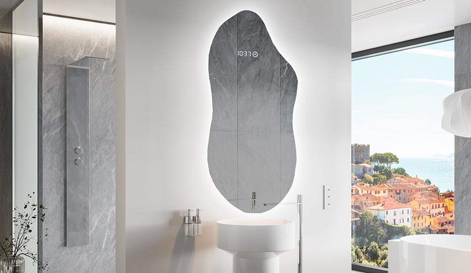 Uregelmessig speil med delikat ambientbelysning for elegante interiører | ARTFORMA