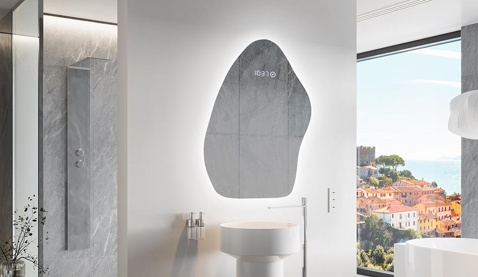 Uregelmessig speil med delikat ambientbelysning for elegante interiører | ARTFORMA