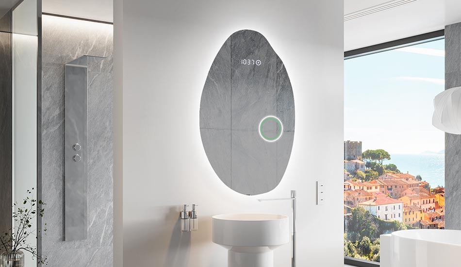 Uregelmessig speil med delikat ambientbelysning for elegante interiører | ARTFORMA