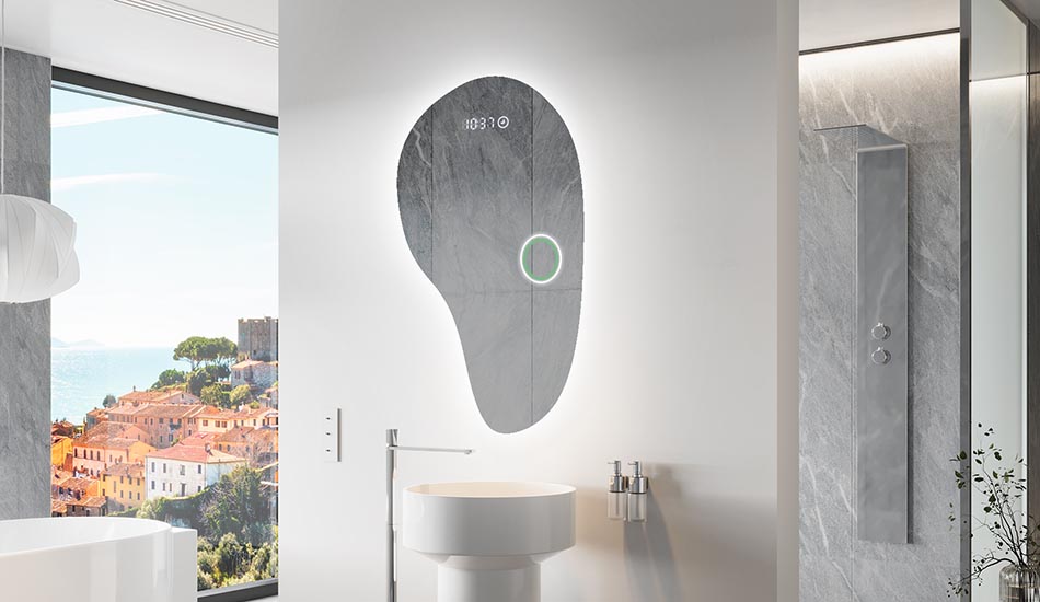 Uregelmessig speil med delikat ambientbelysning for elegante interiører | ARTFORMA