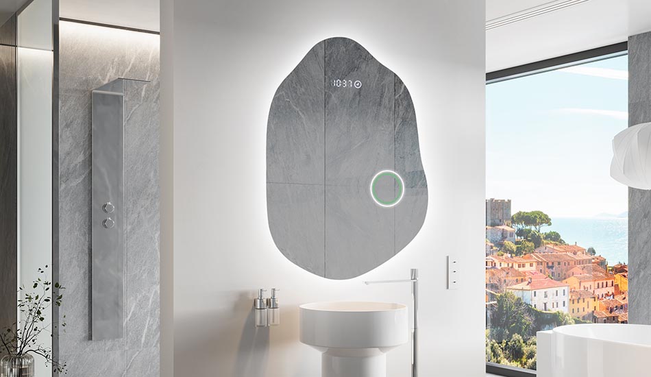 Uregelmessig speil med delikat ambientbelysning for elegante interiører | ARTFORMA