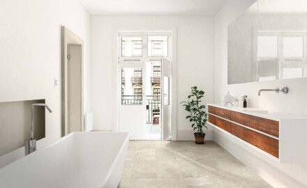 Gresfliser til gulv, 60x120, lys grå med en varm beige nyanse og årer, matt, A4H140 Ermetica Bianco