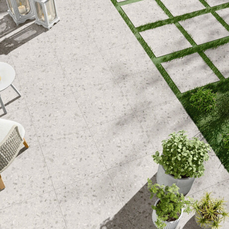 Glasert steinflis 90x90, lys grå, Ivory A4H145, terrazzo #2