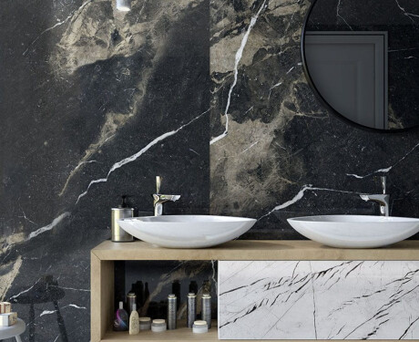 Storformatig porselensflis, 120 x 270 cm, matt svart med gyldne årer, rektifisert, A4H196 Pierre Black