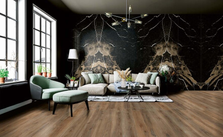 Storformatig porselensflis til gulv, 120 x 280 cm, Bookmatch, svart, blank, med gullåre, rektifisert, A4H203 Pierre Black