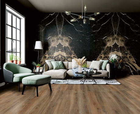 Storformatig porselensflis til gulv, 120 x 280 cm, Bookmatch, svart, blank, med gullåre, rektifisert, A4H203 Pierre Black