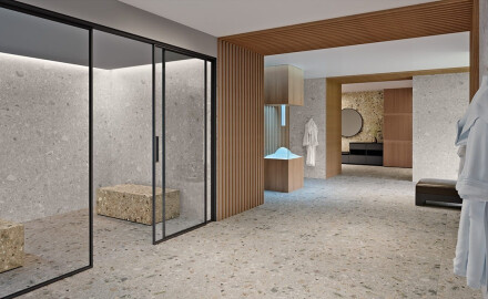Glasert gulvflis 120 x 280 cm, beige, matt, rektifisert terrazzo, A4H406 Ceppo Di Gre Warm