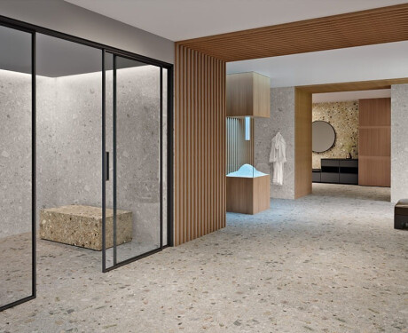 Glasert gulvflis 120 x 280 cm, beige, matt, rektifisert terrazzo, A4H406 Ceppo Di Gre Warm