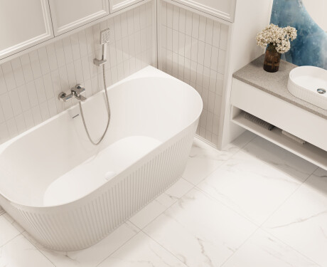 Frittstående Glamour 170 cm badekar med riller, komplett med vannlås og propp/avløp i hvit
