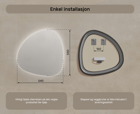 LED-badsspeil med uregelmessig form 54x54cm med kaldt LED-lys 7000K, varmt lys 3000K eller nøytralt lys 4500K #7