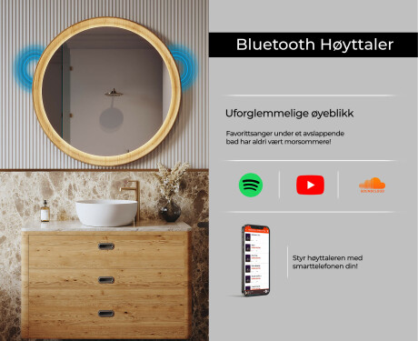 Svart rundt LED-speil i en treramme #7