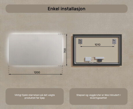 Speil Med Lys 120x70cm med kaldt LED-lys 7000K, varmt lys 3000K eller nøytralt lys 4500K #7
