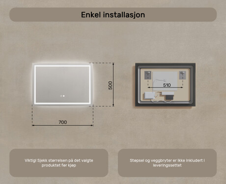 Speil Med Lys 70x50cm med Dual color, Berøringsbryter, Oppvarmingsmatte - L49 #8