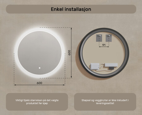 Rundt LED-opplyst baderomsspeil 60 cm med Dual color, Berøringsbryter #7