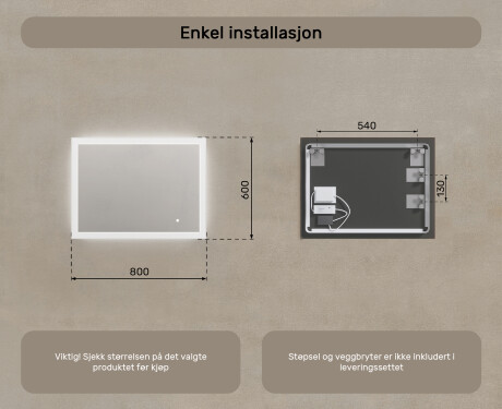 Rektangulært baderomsspeil med LED-belysning 80x60 cm med Dual color, Berøringsbryter #7