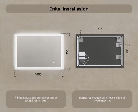 Rektangulært LED-opplyst baderomsspeil 100x70 cm med Dual color, Berøringsbryter #7