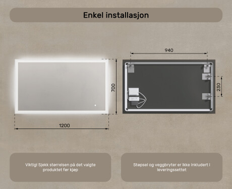 Rektangulært baderomsspeil med LED-belysning 120x70 cm med Dual color, Berøringsbryter #7