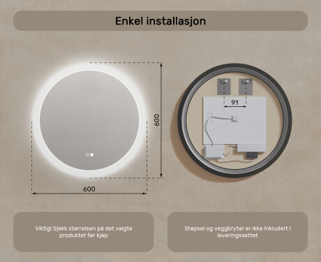 Runde baderomsspeil med LED-belysning 60 cm med Dual color, Berøringsbryter, Oppvarmingsmatte #8