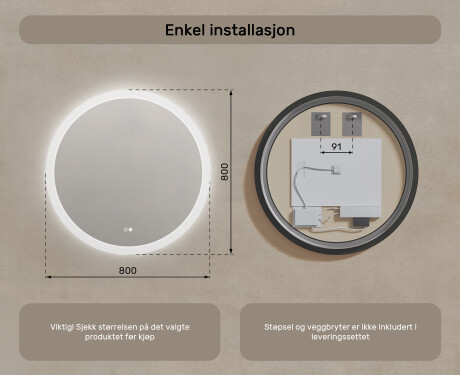 Rundt baderomsspeil med LED-belysning 80 cm med Dual color, Berøringsbryter, Oppvarmingsmatte #8