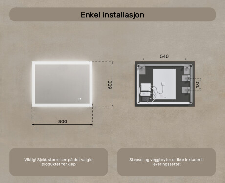 Rektangulært LED-baderomsspeil 80x60 cm med Dual color, Berøringsbryter, Oppvarmingsmatte #8