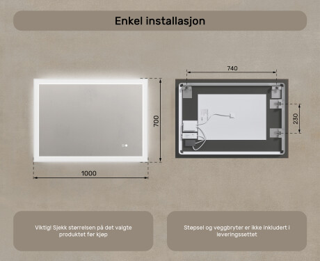 Rektangulært baderomsspeil med LED-belysning 100x70 cm med Dual color, Berøringsbryter, Oppvarmingsmatte #8