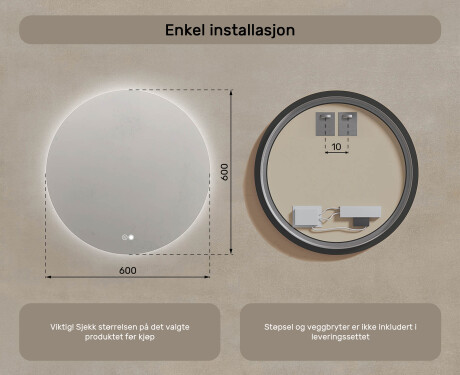 Rundt speil med belysning 60 cm, to farger, berøringsbryter, varmematte #7