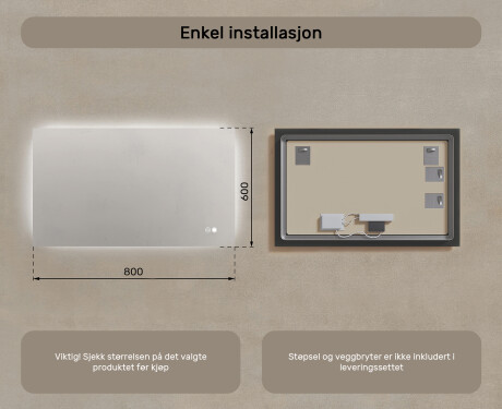 Rektangulært baderomsspeil med LED-belysning 80x60/60x80 cm, to farger, berøringsbryter, varmematte #7