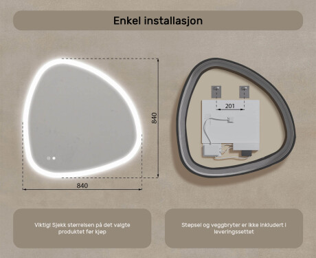 Uregelmessig speil med belysning, 84×84 cm, tofarget, berøringsbryter, varmematte #8