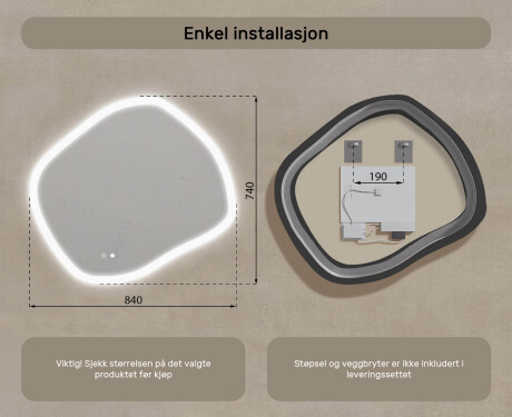 Baderomsspeil med belysning, 84×74 cm, tofarget, berøringsbryter, varmematte #8