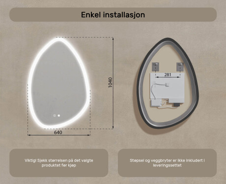 Uregelmessig speil med belysning, 64×94 cm, tofarget, berøringsbryter, varmematte #8