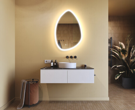 Uregelmessig speil med belysning, 64×94 cm, tofarget, berøringsbryter, varmematte #9