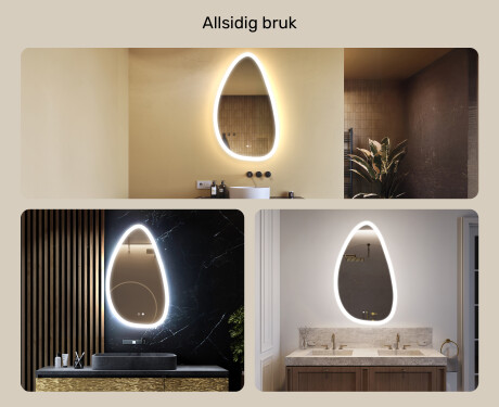 Uregelmessig speil med belysning, 64×104 cm, tofarget, berøringsbryter, varmematte #2