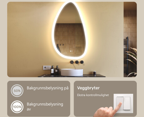 Uregelmessig speil med belysning, 64×104 cm, tofarget, berøringsbryter, varmematte #4