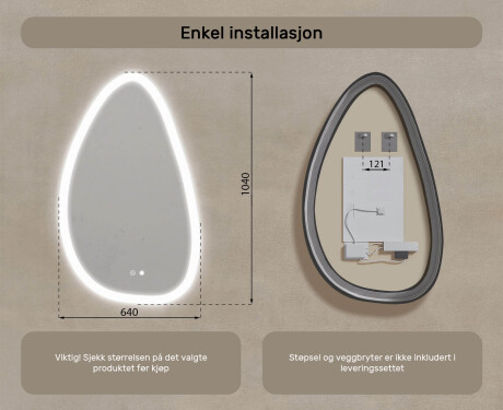Uregelmessig speil med belysning, 64×104 cm, tofarget, berøringsbryter, varmematte #8