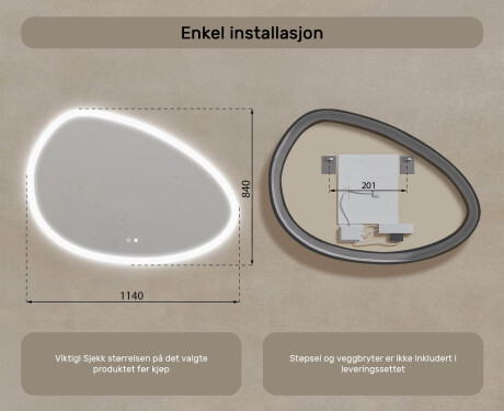 Uregelmessig speil med belysning, 114×84 cm, tofarget, berøringsbryter, varmematte #8