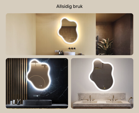 Uregelmessig speil med belysning, 74×94 cm, tofarget, berøringsbryter, varmematte #2