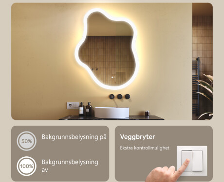 Uregelmessig speil med belysning, 74×94 cm, tofarget, berøringsbryter, varmematte #4