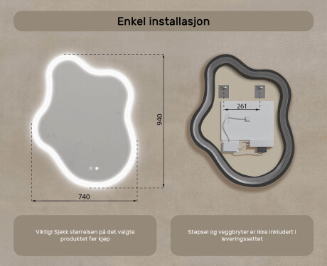 Uregelmessig speil med belysning, 74×94 cm, tofarget, berøringsbryter, varmematte #8