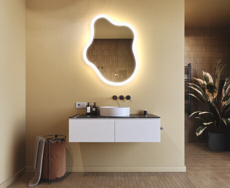 Uregelmessig speil med belysning, 74×94 cm, tofarget, berøringsbryter, varmematte #9