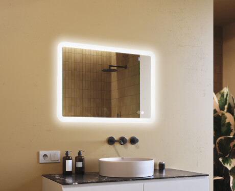 Avrundet baderomsspeil med LED‑belysning, 100×70 cm, tofarget, berøringsbryter, varmematte
