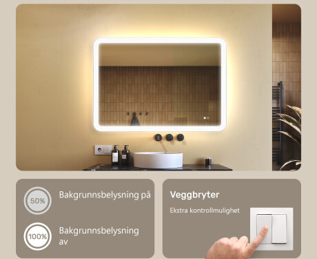Avrundet baderomsspeil med LED‑belysning, 100×70 cm, tofarget, berøringsbryter, varmematte #4