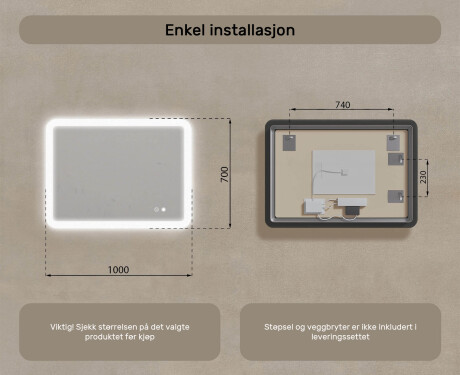 Avrundet baderomsspeil med LED‑belysning, 100×70 cm, tofarget, berøringsbryter, varmematte #8