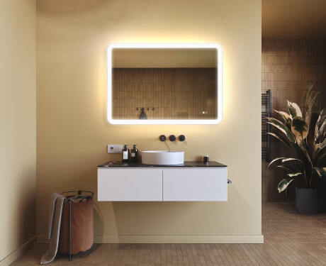 Avrundet baderomsspeil med LED‑belysning, 100×70 cm, tofarget, berøringsbryter, varmematte #9