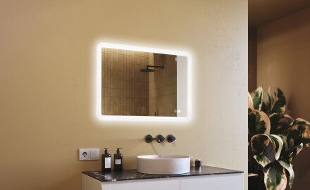 Avrundet baderomsspeil med LED‑belysning, 100×70 cm, tofarget, berøringsbryter, varmematte