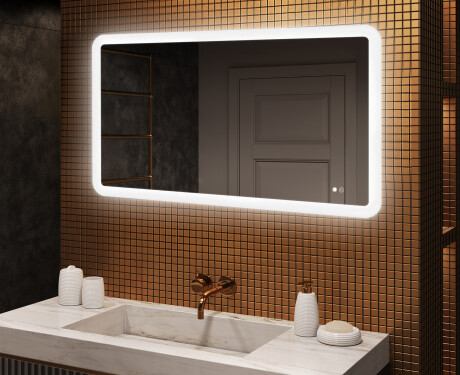 Avrundet baderomsspeil med LED‑belysning, 120×70 cm, tofarget, berøringsbryter, varmematte