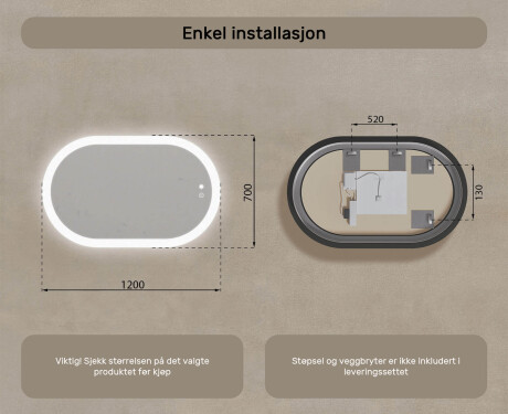 Belyst baderomsspeil, 120×70 cm, tofarget, berøringsbryter, varmematte #8