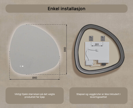 Uregelmessig speil med belysning, 84×84 cm, tofarget, berøringsbryter, varmematte #8